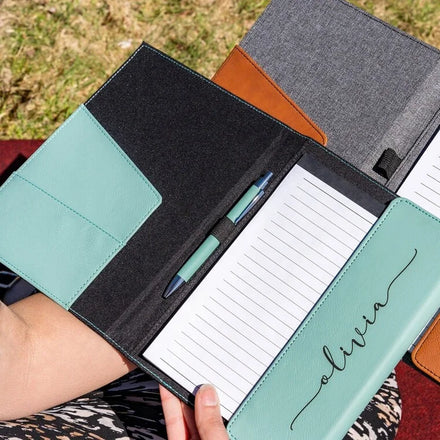 Multifunctional Custom Waterproof Engraved Portfolio Notepad Clip Notebook Folder Writing Pad PU Leather Padfolio With Pen Loop