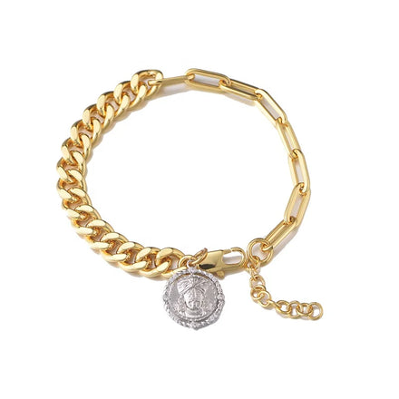Hiphop Fashion Link Splicing Clip Paper Chain Brass Jewelry 18k Gold Plated Indian Headshot Coin Charm Bracelet for Unisex