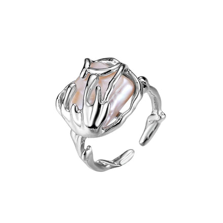 WuQie Fine Jewelry 925 Sterling Silver Square Baroque Pearl Adjustable Ring for Women