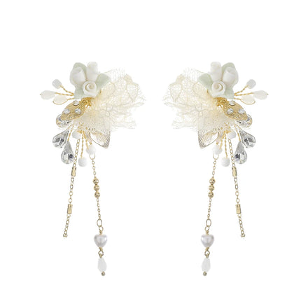 Girls Fabric Flower and Ceramic Flower Shape Earrings Bride Long Tassel Earrings Women Crystal Wedding Earrings