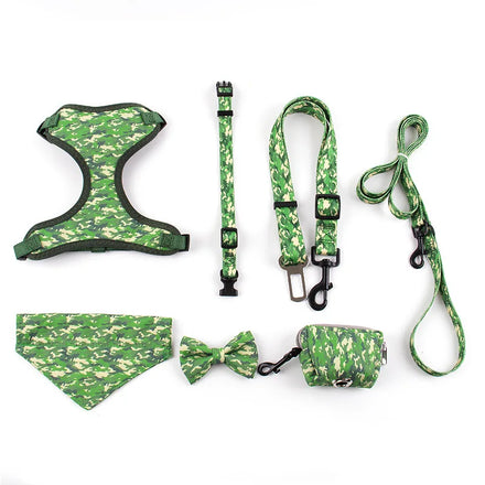 Personalized Plaid Pattern 7-Piece Adjustable Nylon Dog Harness Leash Collar Set Soft Breathable Pet Accessories for Walking