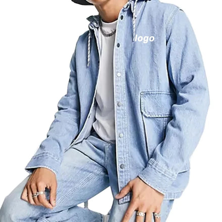 New Design Oversize Hooded Denim Blue Stylish Line Pockets Men's Jean Jacket With Hoodie