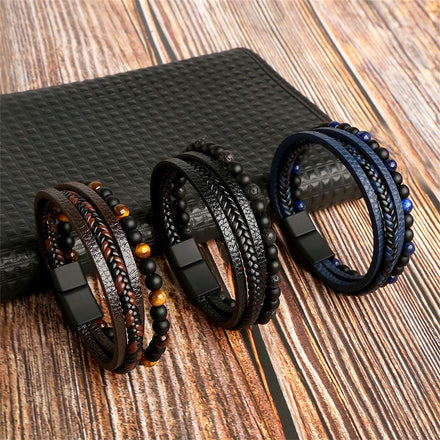 Fashion Mens Beads Bracelets PU Leather Braided Bracelet Bangle Wrap Wristband Jewelry Gift