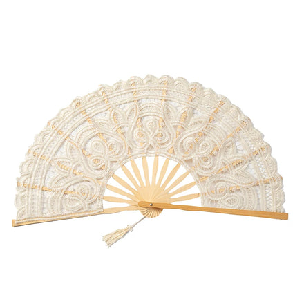 White Embroidery Chinese Dance Hand Fan Party Wedding Bamboo Folding Lace Fabric Retro Craft Gift Bride Fan Home Decoration
