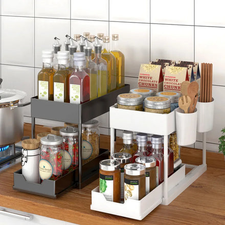 Kitchen Bathroom Sliding Drawer Rack Plastic 2 Pack Under Sink Organizer and Storage