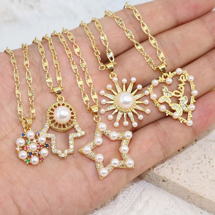 NZ1404 Dainty Jewelry Elegant Gold Plated CZ Crystal and Faux Pearl Evil Eyes Star Heart Angel Wing Pendant Necklace