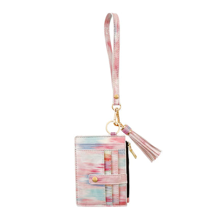 Tie Dye Glitter Card Holder Wallet Personalized Women Faux Leather Purse Leopard Clutch Wallet with Wristlet Keychain DOM-C22-85