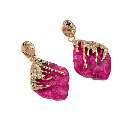 Temperament Light Luxury Gold Plated Earrings Niche Design Irregular Red Mountain Stone Earrings for Women Girls