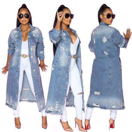 S-3XL Fashion Women's Wear Hole Long Sleeve Denim Trench Coat Cardigan Long Sleeve Denim Cape