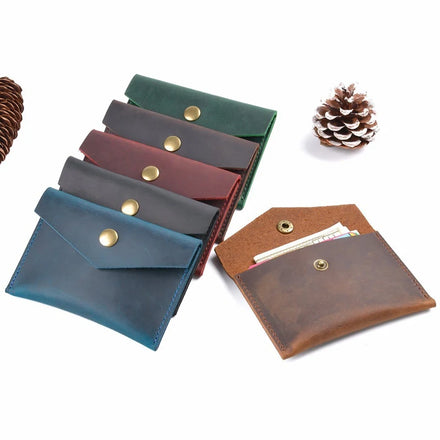 Vintage Durable Unisex Genuine Leather Dot Pattern Button Closure Card Holder 115x80mm