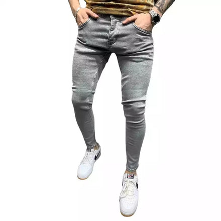 Elastic Slim Lower Price Men Jeans Simple Design Jeans Men's Solid Color Trousers Skinny Stretch Black Gray Pants