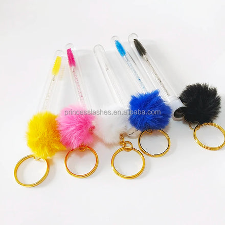 Custom Mascara Eyelash Eyebrow Brush Tube With Gold Keychain Fur Ball Glitter Wand Lash Extension Wand Cleaning Brush