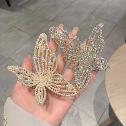 Women Hair Clips Claw Clamp Large Rhinestone Butterfly Pearl Metal Elegant Hairpin Hair Accessories