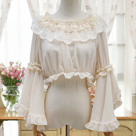 Japanese Blouse Women Sweet Lolita Style Chiffon Blusas Mujer Slash Neck Flare Collar Cute Shirt Lace Ruffles Crop Tops