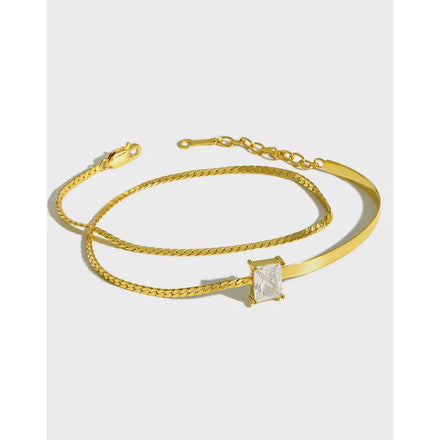 S925 Sterling Silver Simple Versatile Natural Square Diamond Zircon Double Layer Bracelet Chain Female Jewelry