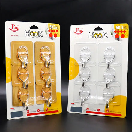 Kitchen Self-hanging Heavy-duty Wall Hooks Tools Adhesive Hot Sale Blister Card Paste Plastic Hook 6-piece Multifunction Wooden