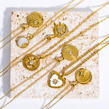 Retro Stainless Steel Zircon Sun Disc Pendant Necklace Gold Plated White Mother of Pearl Heart Choker Necklace for Girls Gift