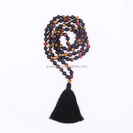 Handmade Black Tassel Natural Three Colors Quartz Beads Beaded Bracelet Mala 108 Necklace