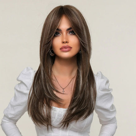 Supplier Wholesale Prices Mid-Length Straight Brown Mixed Ash Synthetic Wigs With Long Bangs Natural Layered Wig for Black Women