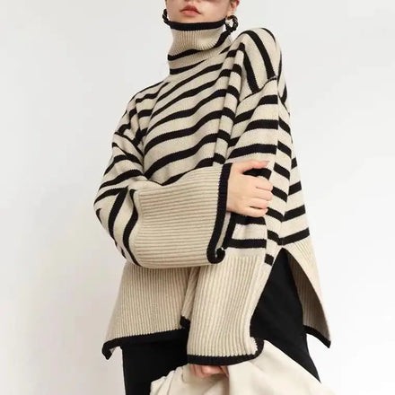 Enyami Wholesale Price Classic Turtleneck Knitted Stripe Jumpers Long Sleeve Side Slit Tops Women Sweater
