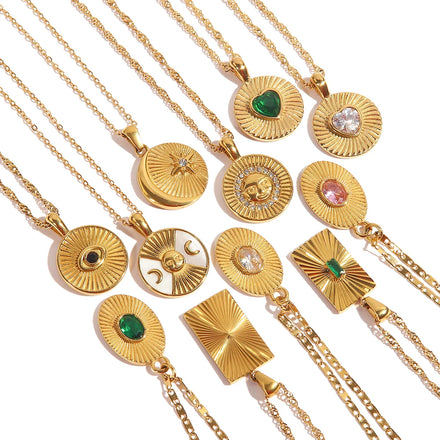 Waterproof Zircon Texture Necklace Stainless Steel Green Zircon Round Eye Sunburst Medallion Necklaces