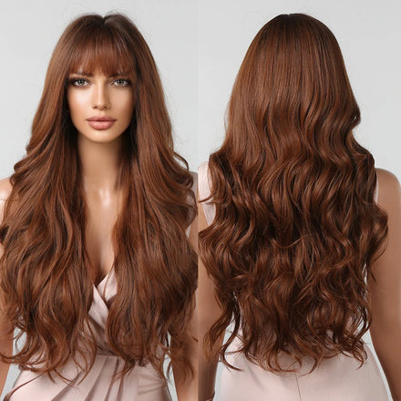 Honey Red Copper Brown Synthetic Wigs with Bangs Long Wavy Natural Wig for Black Women Dark Roots Heat Resistant Hair