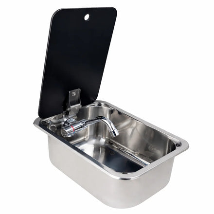 Compact RV Sink with Faucet and Tempered Glass Lid 304 Stainless Steel RV Sink for RV Caravan Campervan Motorhome Kitchen