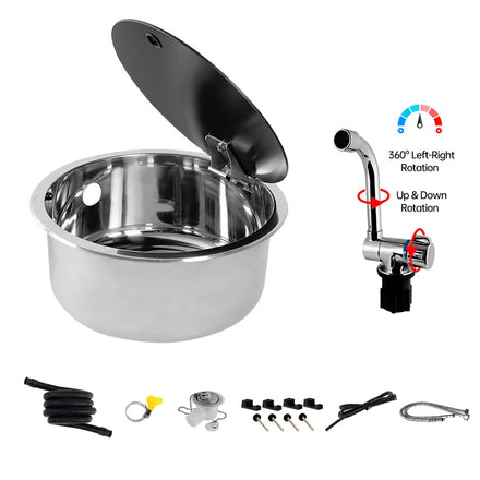 Round RV Sink for Small Space Stainless Steel Marine Boat Galley Sink with Folding Faucet Folding Lid Sink Kit