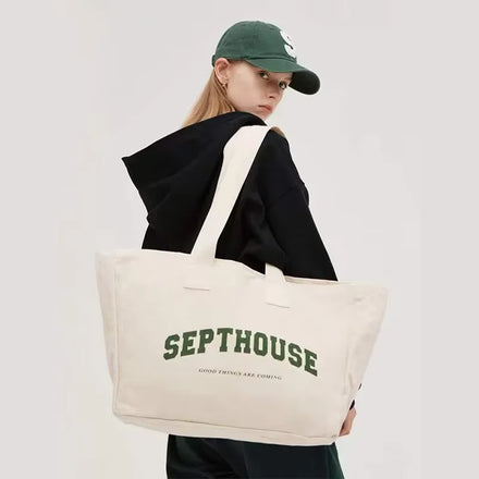 Custom Printed with Zipper Pocket Large Oversized Shoulder Organic Cotton Canvas Tote Shopping Bags