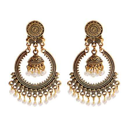 Indian Children's Retro Alloy Imitation Pearl Big Round Bell Style Exaggeration Vintage Hanging Earrings for Hinduism Occasion