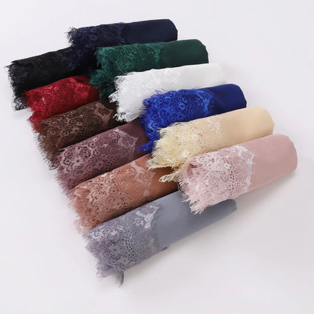 Wholesale Summer Solid Color Premium Plain Eyelash Lace Chiffon Hijab Muslim Stitching Scarves Shawls Breathable