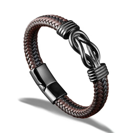 Spot Sale Punk Stainless Steel Knot Bracelet Men's Woven Brown and Black Leather Bracelet