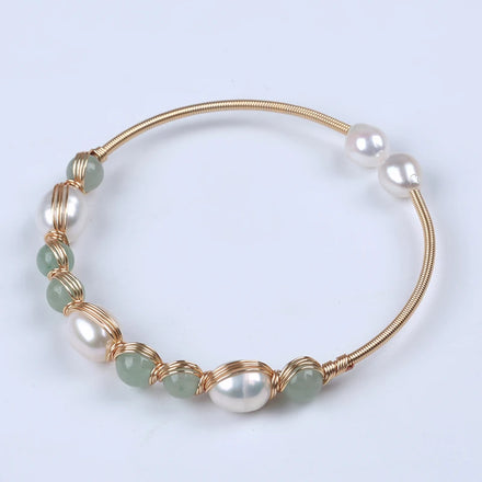 Wholesale Luxury 6-9mm Copper Gold Rice Shape Natural White Green Freshwater Pearl Bracelet for Girls Jewelry