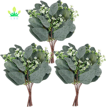 20pcs Artificial Eucalyptus Leaves Stems With White Seeds Short Silver Dollar Artificial Flowers for Wedding Bouquets Decor
