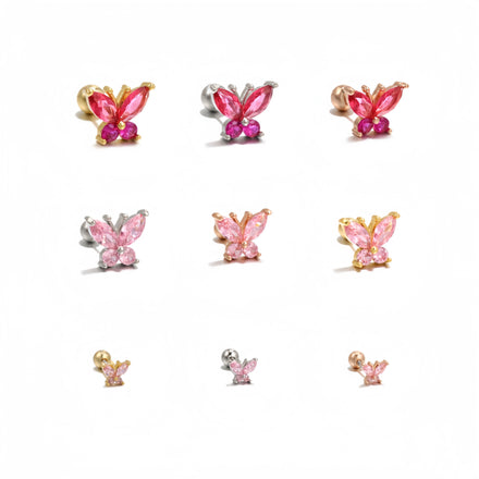 Fashion Gemstone Mini Butterfly Ear Bone Nail Pink Girl 18K Gold Plated Small Piercing Diamond Zircon Studs Earring for Women