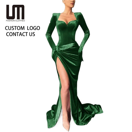 2025 New Luxury Velvet Evening Dress for Women - Sexy V Neck Long Sleeve Party Gown Night Club Dress Prom Dinner Dress