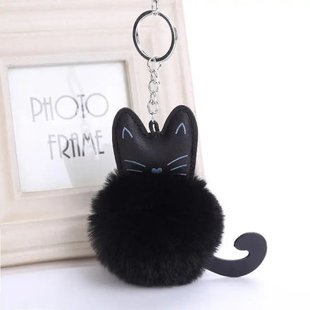 Fluffy Black Cat Keychain Alloy UV Printing Women Pompom Key Ring Holder