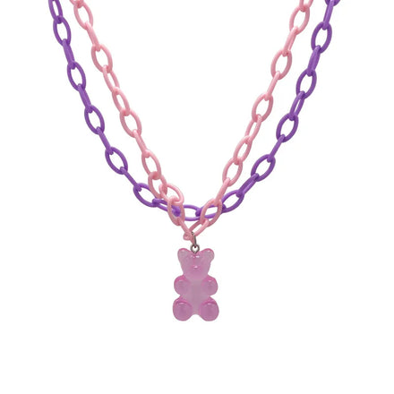 Y2k Hot Sale Personality Sweet Double Layered Wear Pink Chain Acrylic Candy Bear Pendant Pink Purple Romantic Necklace