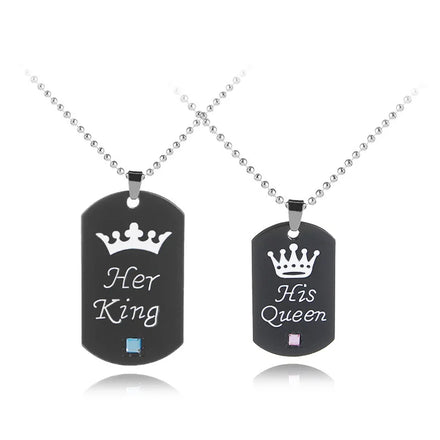 Wholesale Popular Stainless Steel Cute Couple for Valentine's Day 'Her King His Queen' Laser Letters Black Dog Label Chains