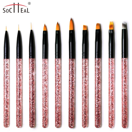 Hot Sale 10Pcs Nail Brush Set Custom Logo Red Shining Handle Nylon Hair Liner 3d Angled Gel Oval Ombre Poker Nail Brush