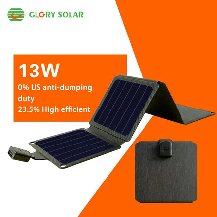 Glory Solar 13W 5V/2.5A Small Fold ETFE Polyester 900D Waterproof USB Portable Solar Charger Mobile Phone CE Certified >23%