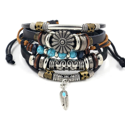 Vintage Jewelry Adjustable Size Multilayer Leather Beaded Turquoise Woven Charm Bracelets for Men Women