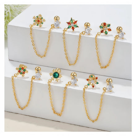 Christmas Jewelry Zircon Silver Gold Plated Snowflake Stud Earrings Fashionable New Rhinestone Long Chain Stud Earring for Women
