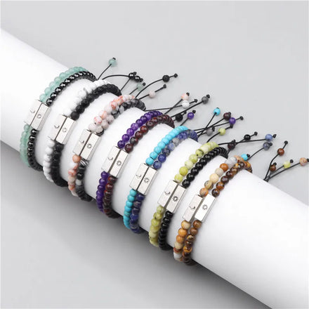 Adjustable Stainless Steel Moon Sun Charm Chakra Beaded Bracelets 6mm-8mm-10mm Crystal Handmade Couples Bracelet for Gifts