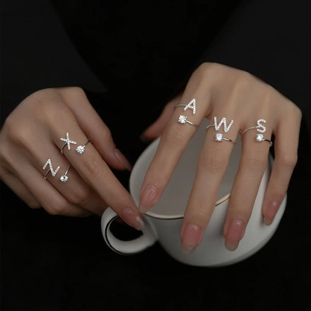 Bague Real 925 Sterling Silver Rings for Women Wedding Party Jewelry 26 Initial A-Z Letter Clear CZ Opening Ring Fine Jewelry