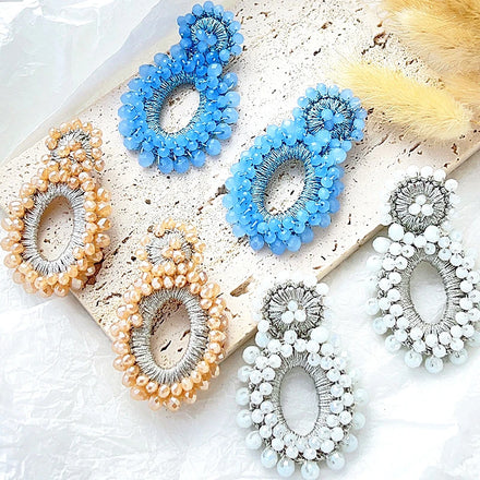 2023 Popular Jewelry Gifts Handmade Rice Bead Earrings Exaggerated Hollow Oval Earrings for Women Girls