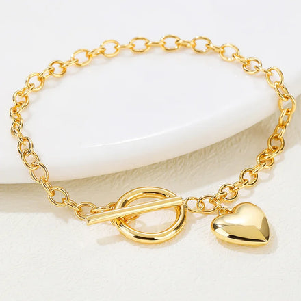 Fashion Minimalist Chunky Heart Bracelet Brass Love Heart Charm Bracelet for Women