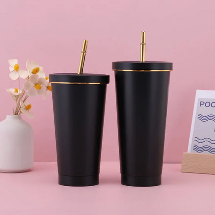 750ml Stainless Steel Double Wall Vacuum Tapered Straw Cup Tumbler with Gold Rim and Gold Straw 500ml Product Category Mugs