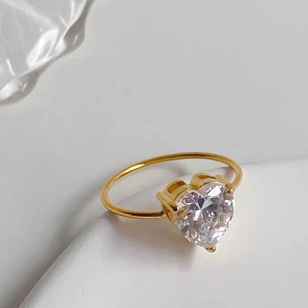 18k Gold Plated Zircon Heart Shaped Stainless Steel Ring Anillos Oro 18k Original Heart Shape Unique Stackable Rings for Women