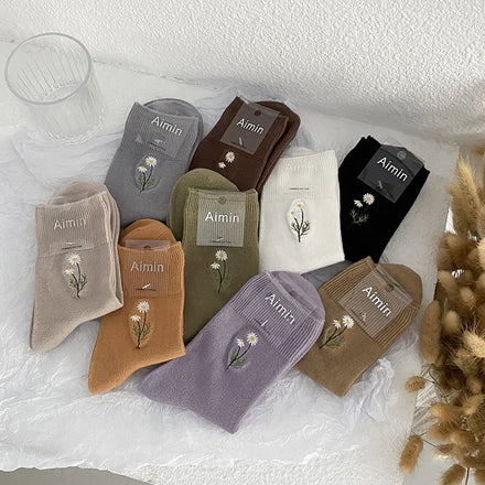 Autumn/Winter New Pile Socks with Floret Embroidery Candy Colored 100% Cotton Breathable Knitted Damp Cotton Socks